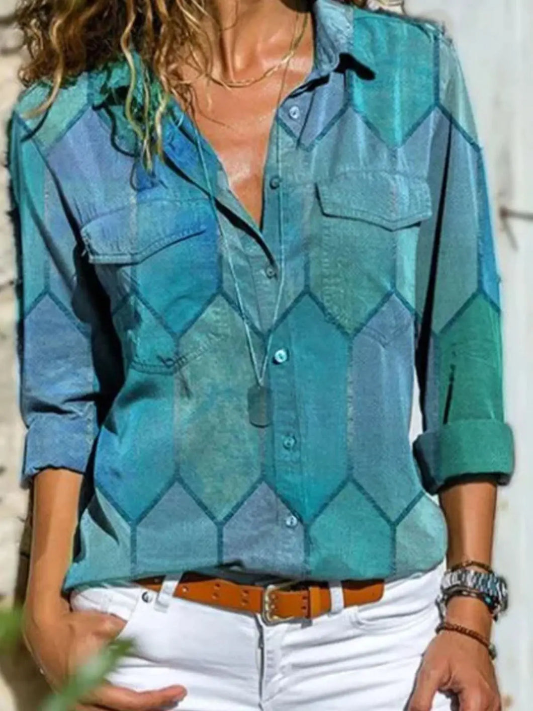 Shirt Collar Cotton-Blend Geometric Long Sleeve Shirts & Tops mysite