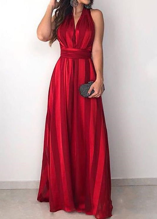 Slim Fit Red V Neck Tie Waist Cotton Dress Sleeveless AA1058