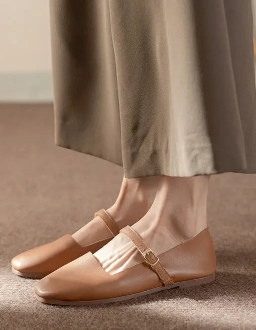 Soft Leather Square Toe Strap Flat Shoes Ada Fashion