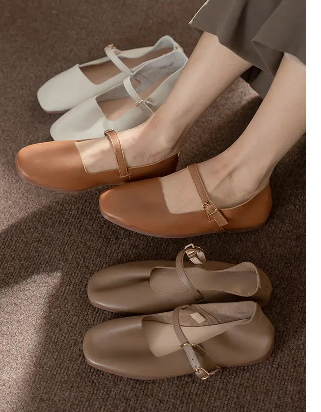 Soft Leather Square Toe Strap Flat Shoes Ada Fashion