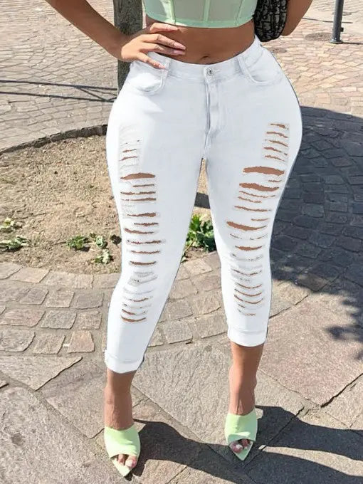 Solid Color Mid Waist Skinny Distressed Jeans adawholesale
