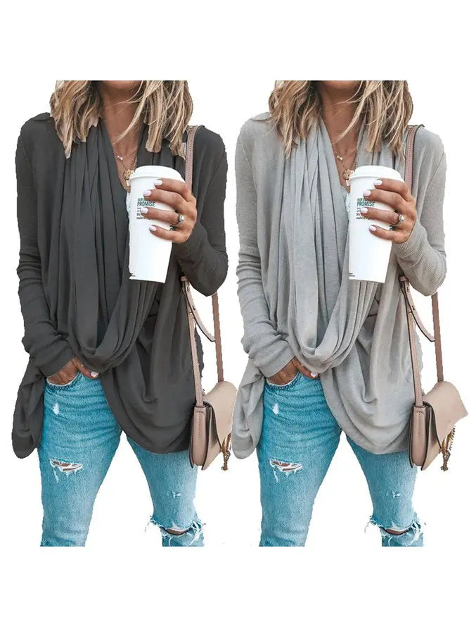 Spring/Fall Cowl Neck Asymmetrical Solid Casual T-Shirts adawholesale