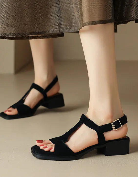 Square Toe Suede Chunky Heels Summer Sandals Ada Fashion