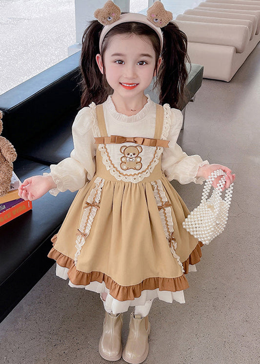 Style Brown Bow Ruffled Patchwork Cotton Girls Two Pieces Set Fall Ada Fashion