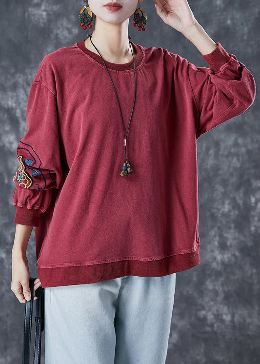 Style Dull Red Embroidered Cotton Loose Sweatshirts Top Fall Ada Fashion