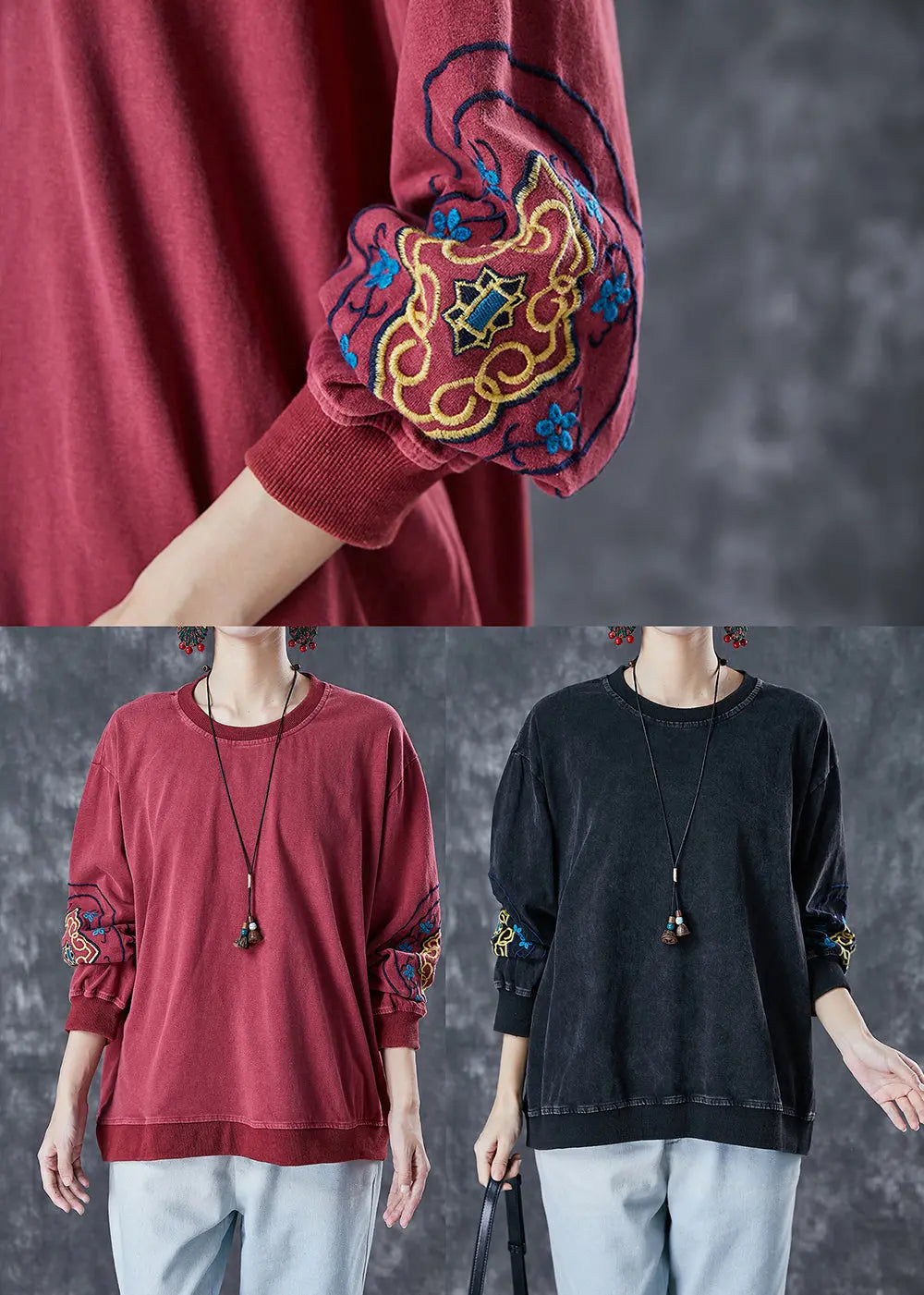Style Dull Red Embroidered Cotton Loose Sweatshirts Top Fall Ada Fashion