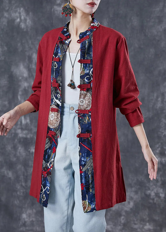 Style Red Oversized Patchwork Chinese Button Cotton Shirt Fall Ada Fashion