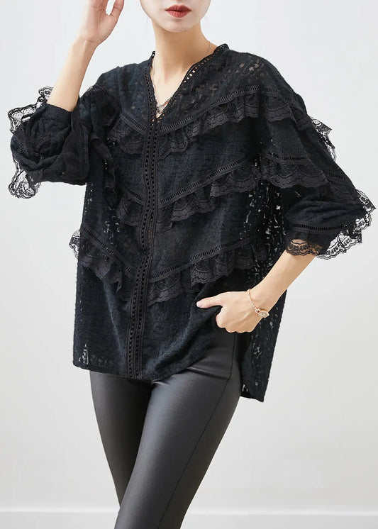 Stylish Black Ruffled Patchwork Lace Blouses Fall Ada Fashion