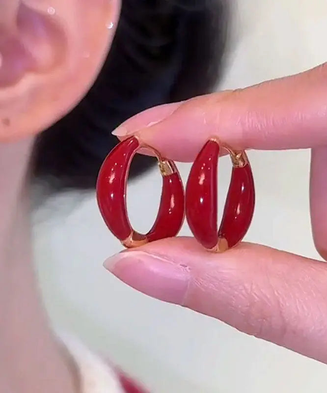 Stylish Red Inlaid Gem Stone Hoop Earrings Ada Fashion