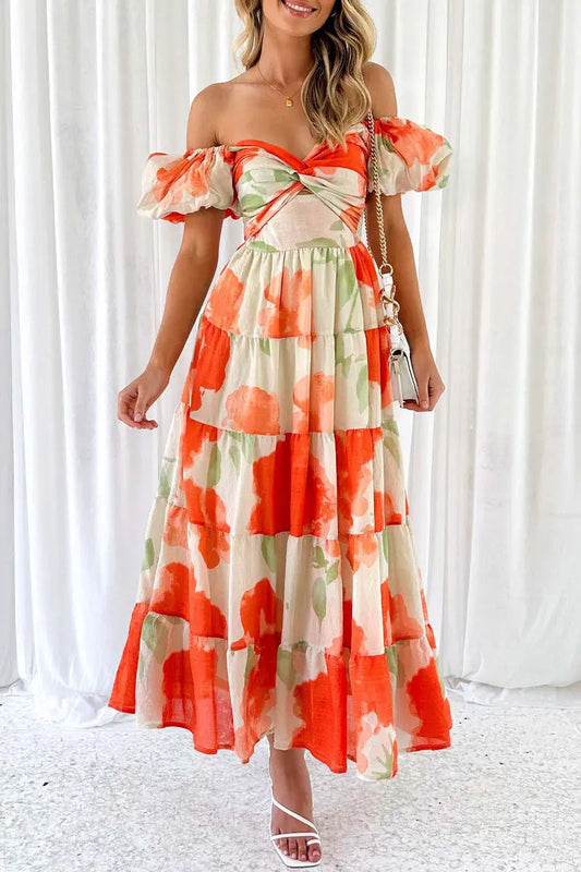 Sweet Elegant Floral Hollowed Out Off the Shoulder Printed Dress Dresses FS1580 Furdela