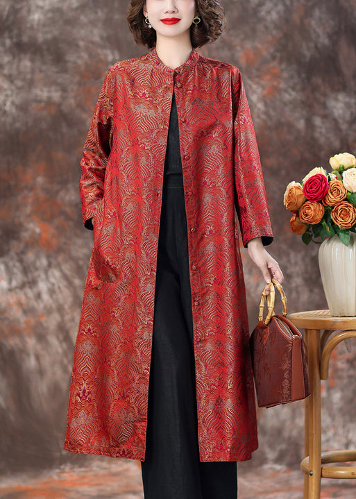 Top Quality Red Stand Collar Button Silk Coats Spring AA1040