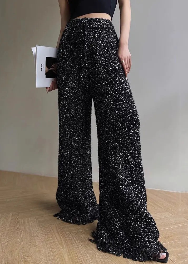 Unique Black Tasseled Tops And Pants Two Pieces Set Fall Ada Fashion