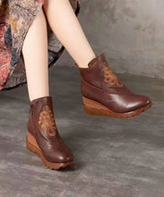 Load image into Gallery viewer, Unique Brown Embroidery Splicing Cowhide Leather Wedge Boots Ada Fashion

