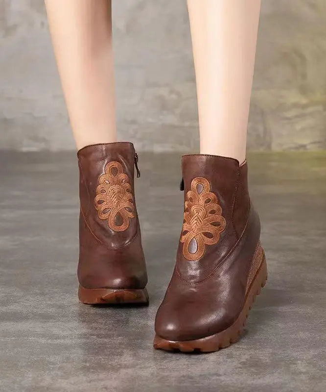 Unique Brown Embroidery Splicing Cowhide Leather Wedge Boots Ada Fashion