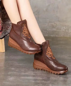 Unique Brown Embroidery Splicing Cowhide Leather Wedge Boots Ada Fashion