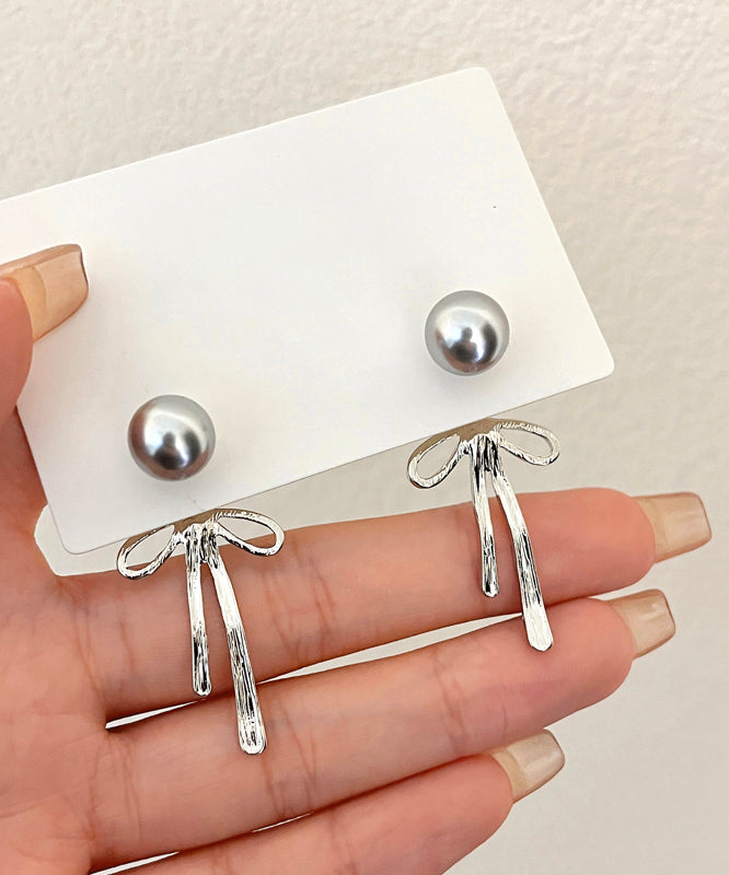 Unique Silk Sterling Silver Metal Pearl Bow Drop Earrings GH1015