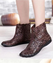 Load image into Gallery viewer, Vintage Coffee Hollow Out Zippered Splicing Cowhide Leather Boots Ada Fashion
