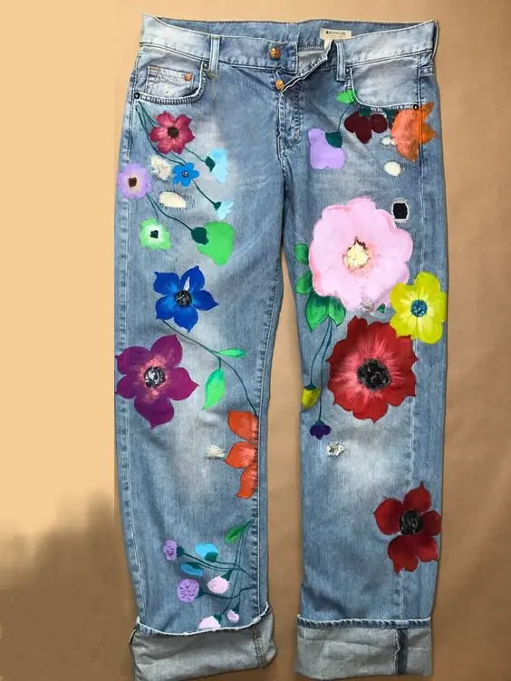 Vintage Denim Floral Casual Pants AD646 adawholesale