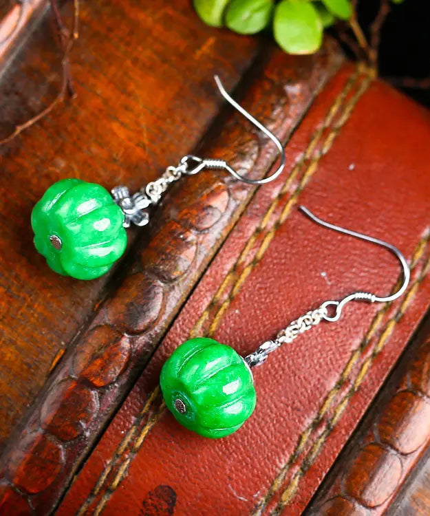 Vintage Green Sterling Silver Jade Pumpkin Drop Earrings Ada Fashion
