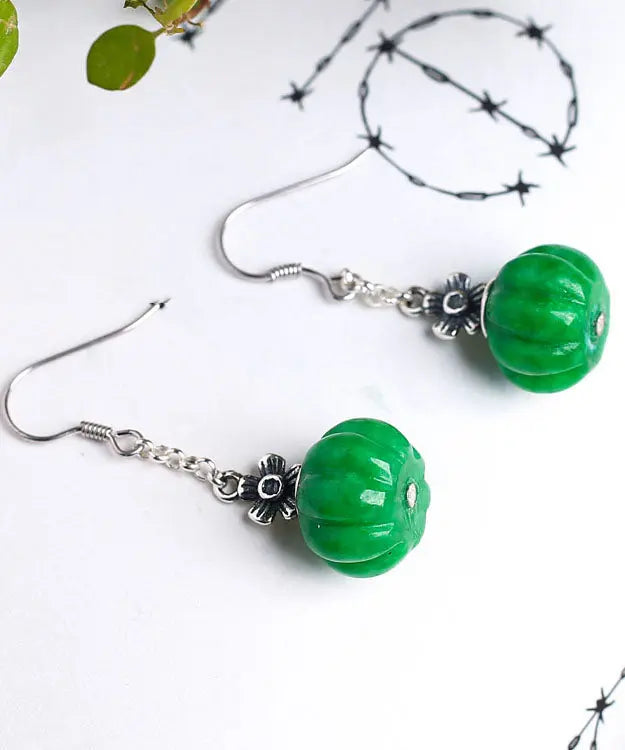Vintage Green Sterling Silver Jade Pumpkin Drop Earrings Ada Fashion