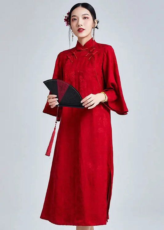 Vintage Jacquard Red Stand Collar Button Maxi Dresses Fall Ada Fashion