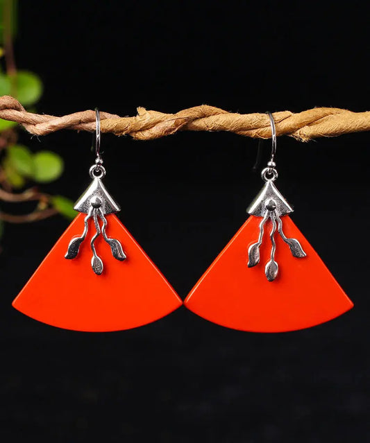 Vintage Red Sterling Silver Triangular Cinnabar Drop Earrings Ada Fashion
