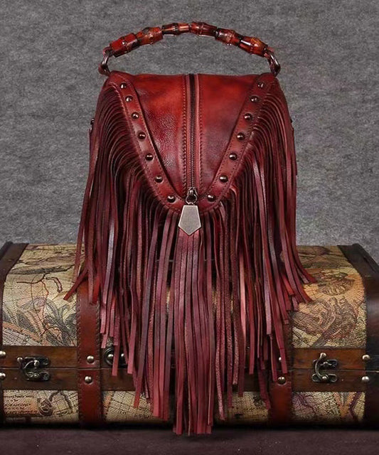 Vintage Red Tassel Rivet Calf Leather Satchel Bag Handbag Ada Fashion