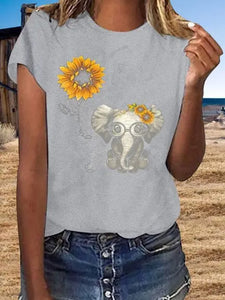 Vintage Short Sleeve Cute Sunflower Elephant Printed Plus Size Casual Tops adawholesale
