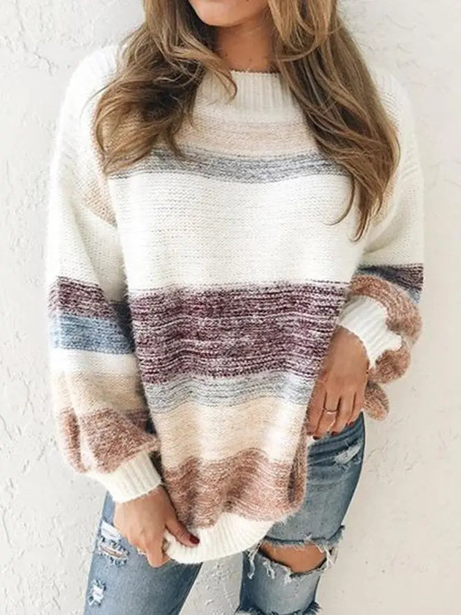 Vintage Striped Plus Size Long Sleeve Crew Neck Casual Sweater adawholesale