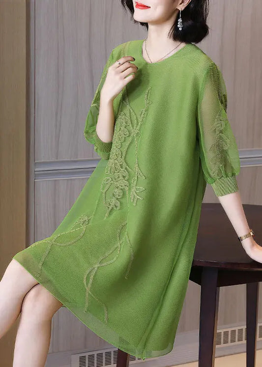 Vogue Green O-Neck Embroidered Holiday Tulle Mid Dress Fall Ada Fashion