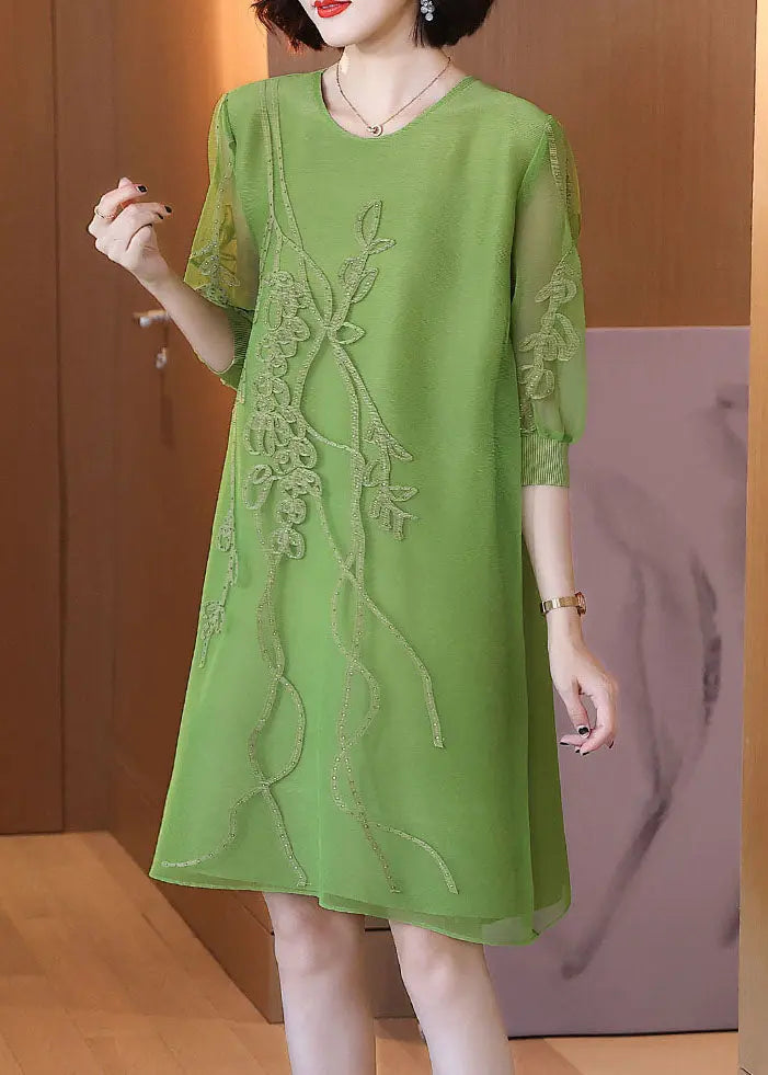 Vogue Green O-Neck Embroidered Holiday Tulle Mid Dress Fall Ada Fashion