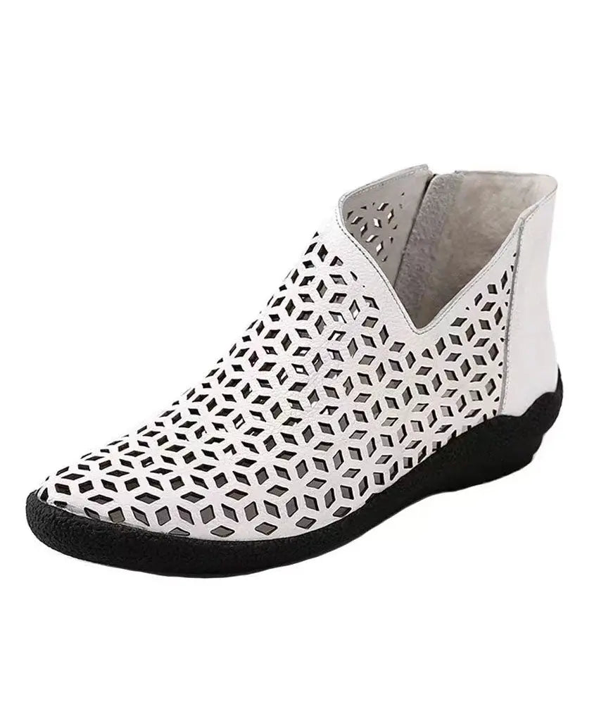 White Ankle Boots Wedge Cowhide Leather Women Splicing Hollow Out Ada Fashion