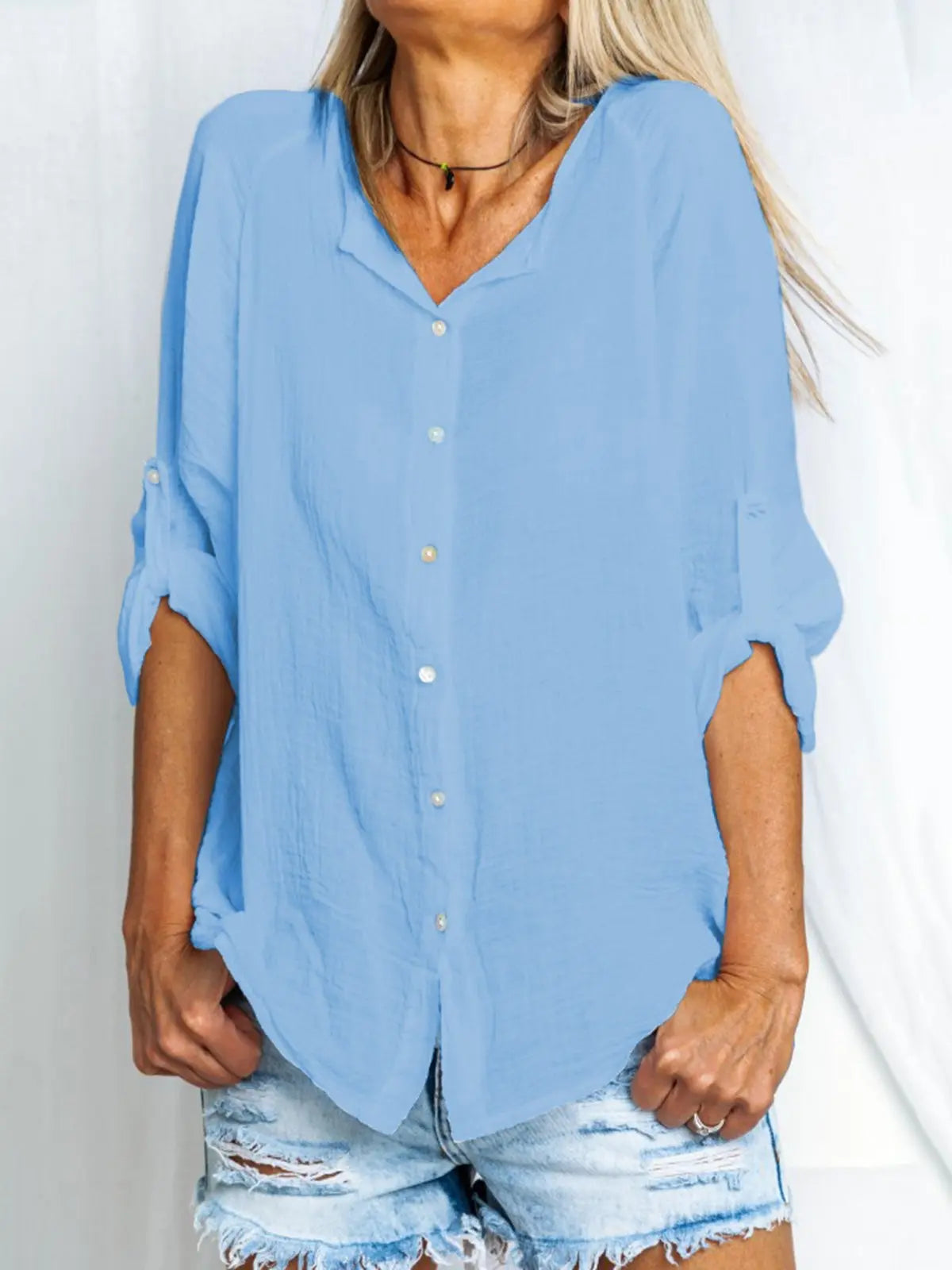 White Casual Linen Solid V Neck Shirts & Tops mysite