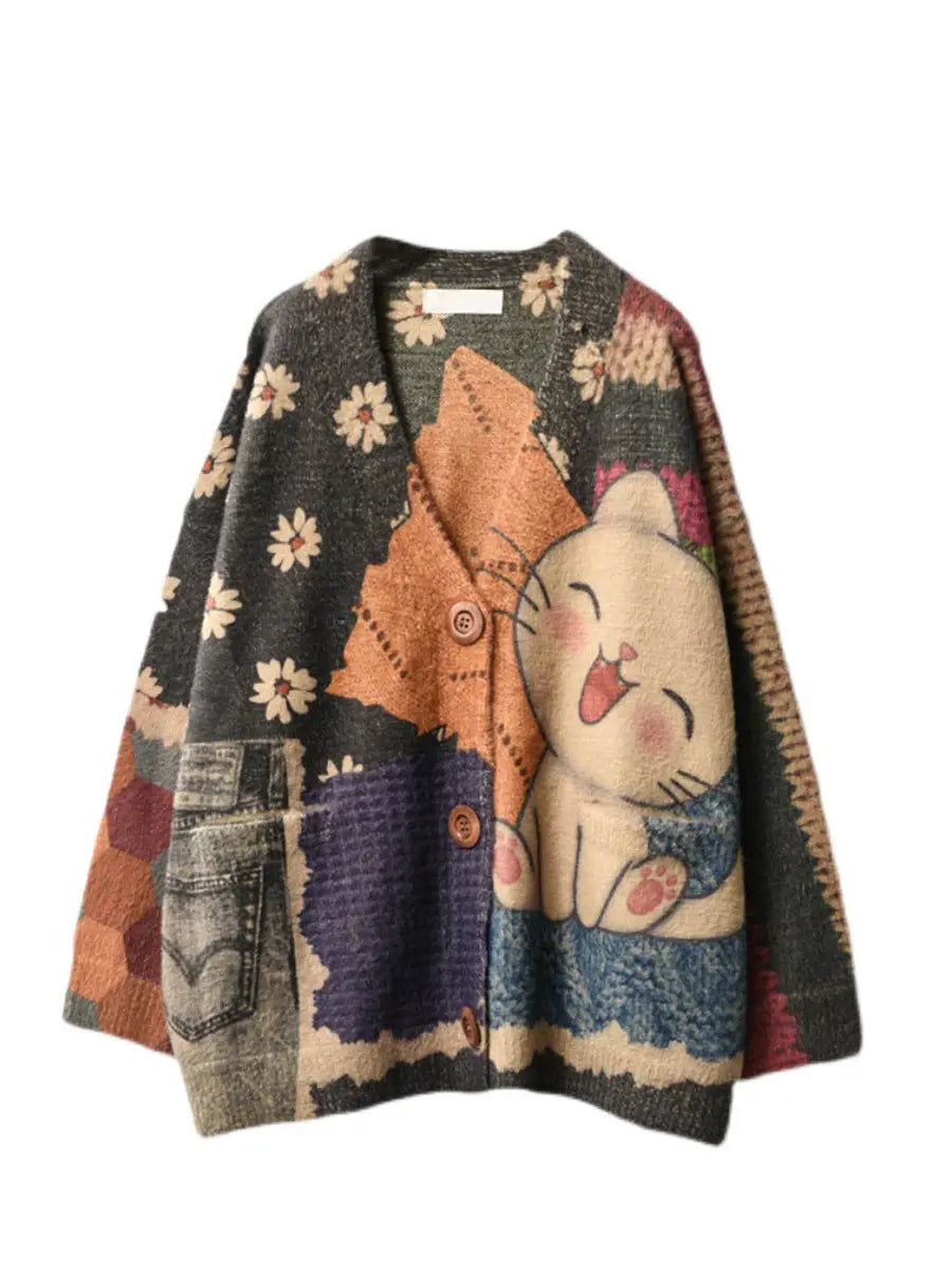 Women Autumn Flower Cat Knitted Warm Sweater Ada Fashion