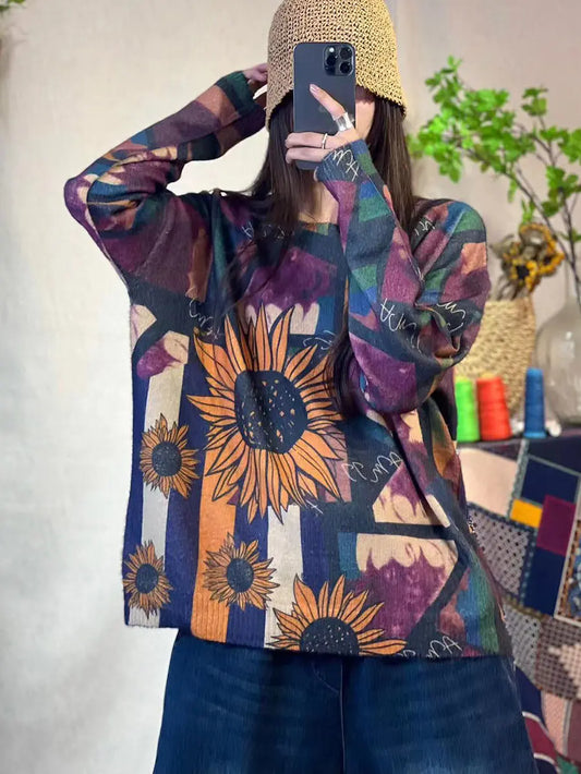 Women Autumn Flower Print Knitted O-Neck Sweater Ada Fashion
