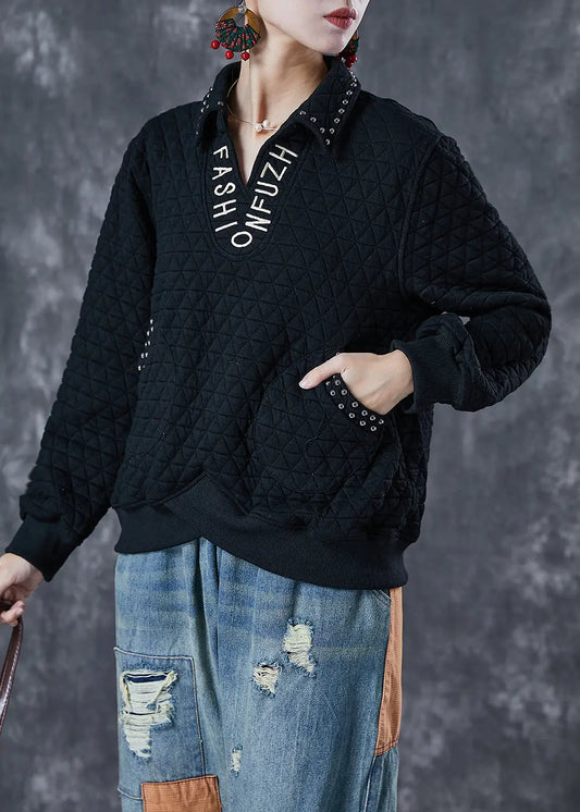 Women Black Letter Embroidered Rivet Cotton Pullover Sweatshirt Fall Ada Fashion
