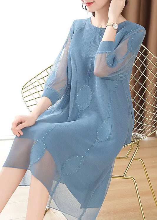Women Blue Dot Embroidered Tulle Holiday Maxi Dress Fall Ada Fashion
