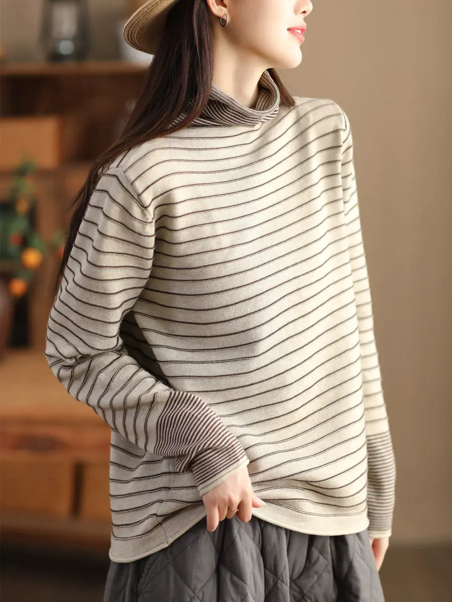 Women Casual Stripe Spliced Turtleneck Warm Sweatshirt Ada Fashion