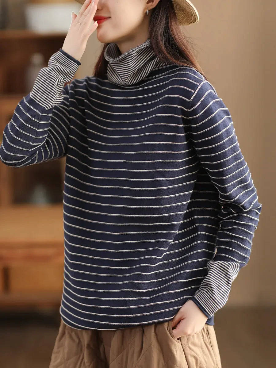 Women Casual Stripe Spliced Turtleneck Warm Sweatshirt Ada Fashion