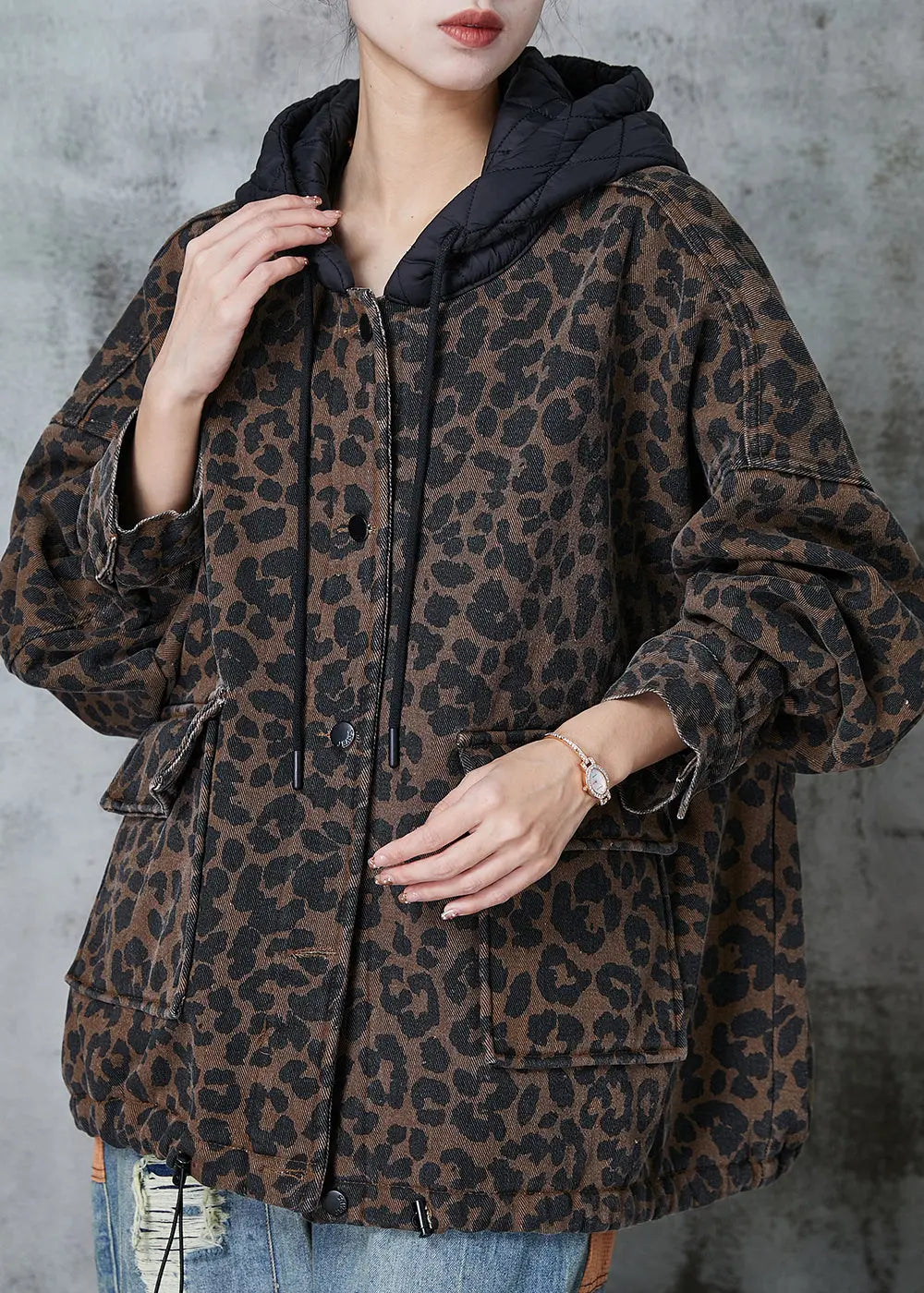 Women Coffee Hooded Leopard Print Warm Fleece Coat Spring Ada Fashion