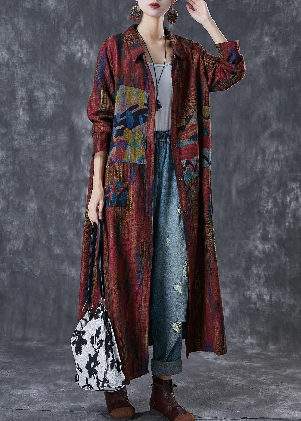 Women Dull Red Oversized Print Linen Trench Spring Ada Fashion