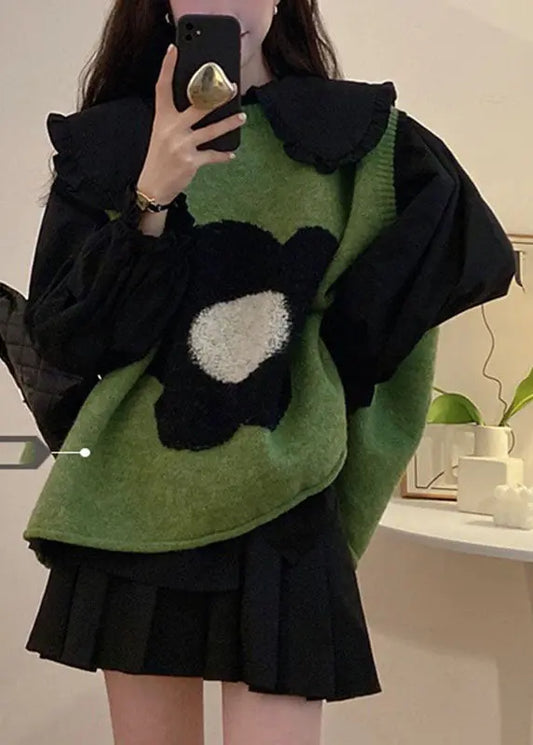 Women Green Floral Cotton Knit Waistcoat Black Shirts And Pleated Skirt Three Pieces Set Long Sleeve Ada Fashion
