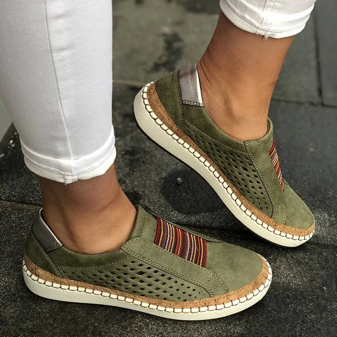 Women Green Slide Hollow-Out Round Toe Casual  Pu Sneakers Flats AD223 adawholesale