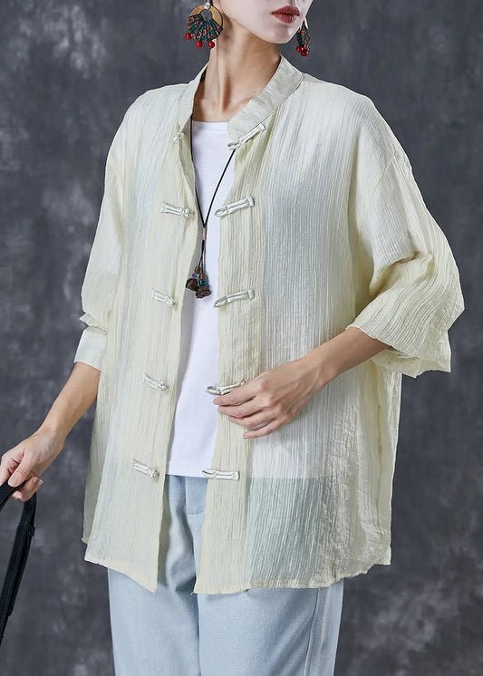 Women Light Yellow Mandarin Collar Chinese Button Wrinkled Cotton Shirt Fall Ada Fashion