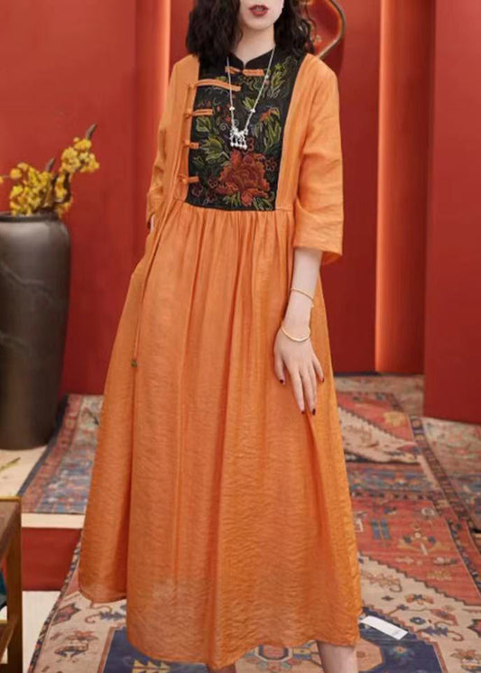 Women Orange Embroidered Button Cotton Dresses Half Sleeve AA1055