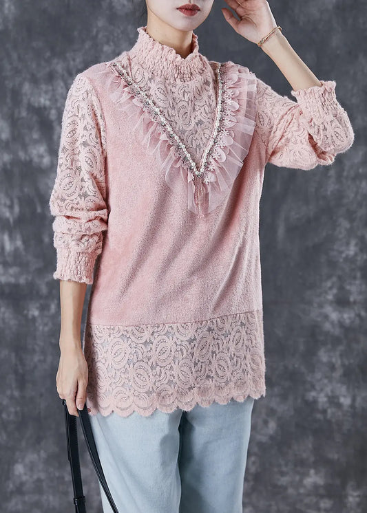 Women Pink High Neck Patchwork Lace Velour Shirts Winter Ada Fashion