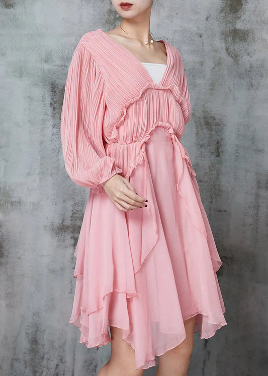 Women Pink Ruffled Wrinkled Chiffon Mid Dress Spring Ada Fashion