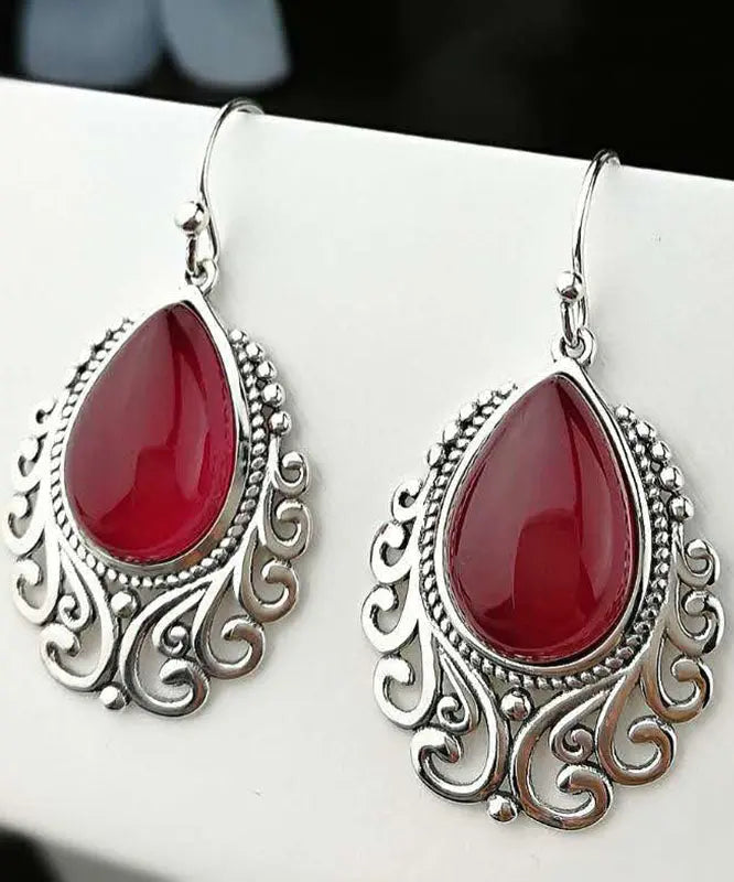 Women Red Sterling Silver Hollow Out Jade Water Drop Drop Earrings Ada Fashion