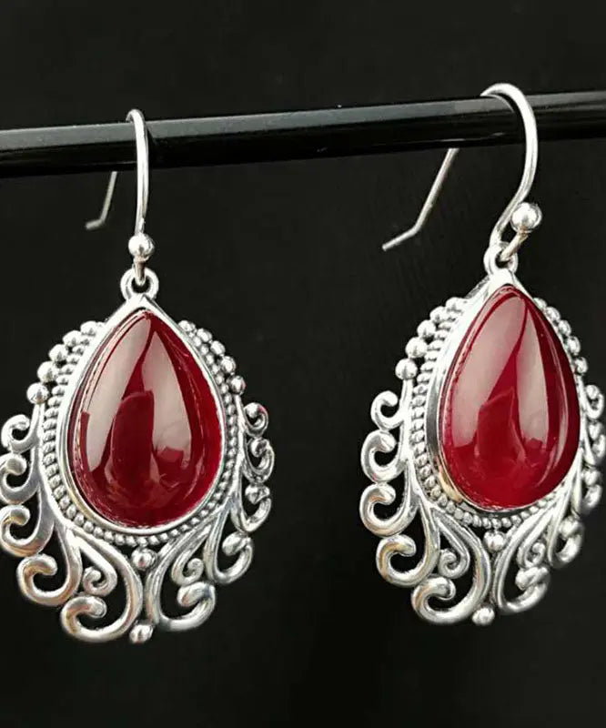Women Red Sterling Silver Hollow Out Jade Water Drop Drop Earrings Ada Fashion