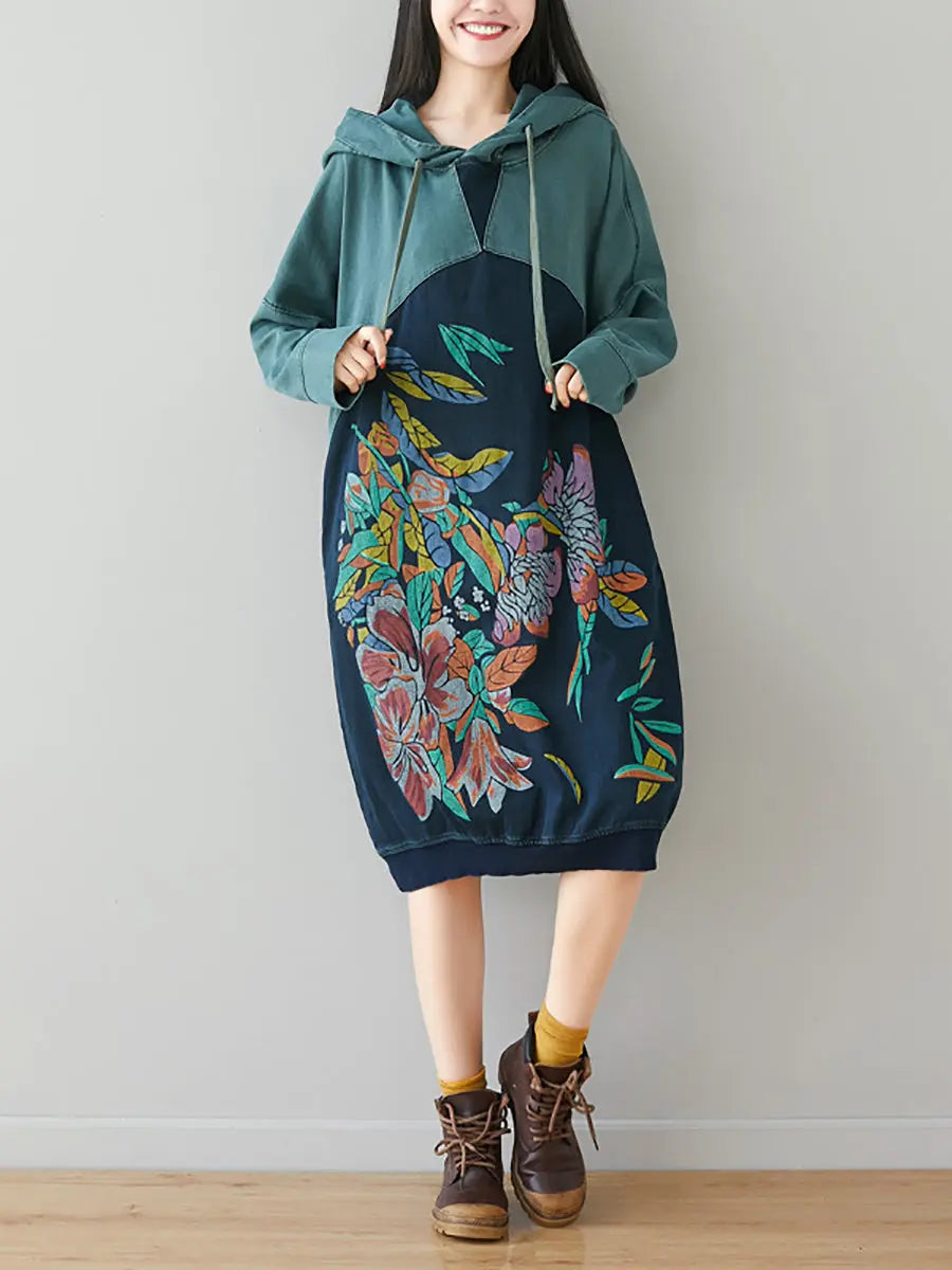 Women Retro Flower Print Colorblock Hooded Sweatshirt Ada Fashion